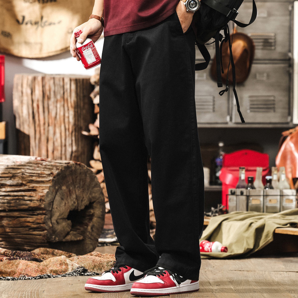 美式復古軍綠色褲子男潮牌直筒水洗闊腿工裝長褲男士寬鬆休閒褲男