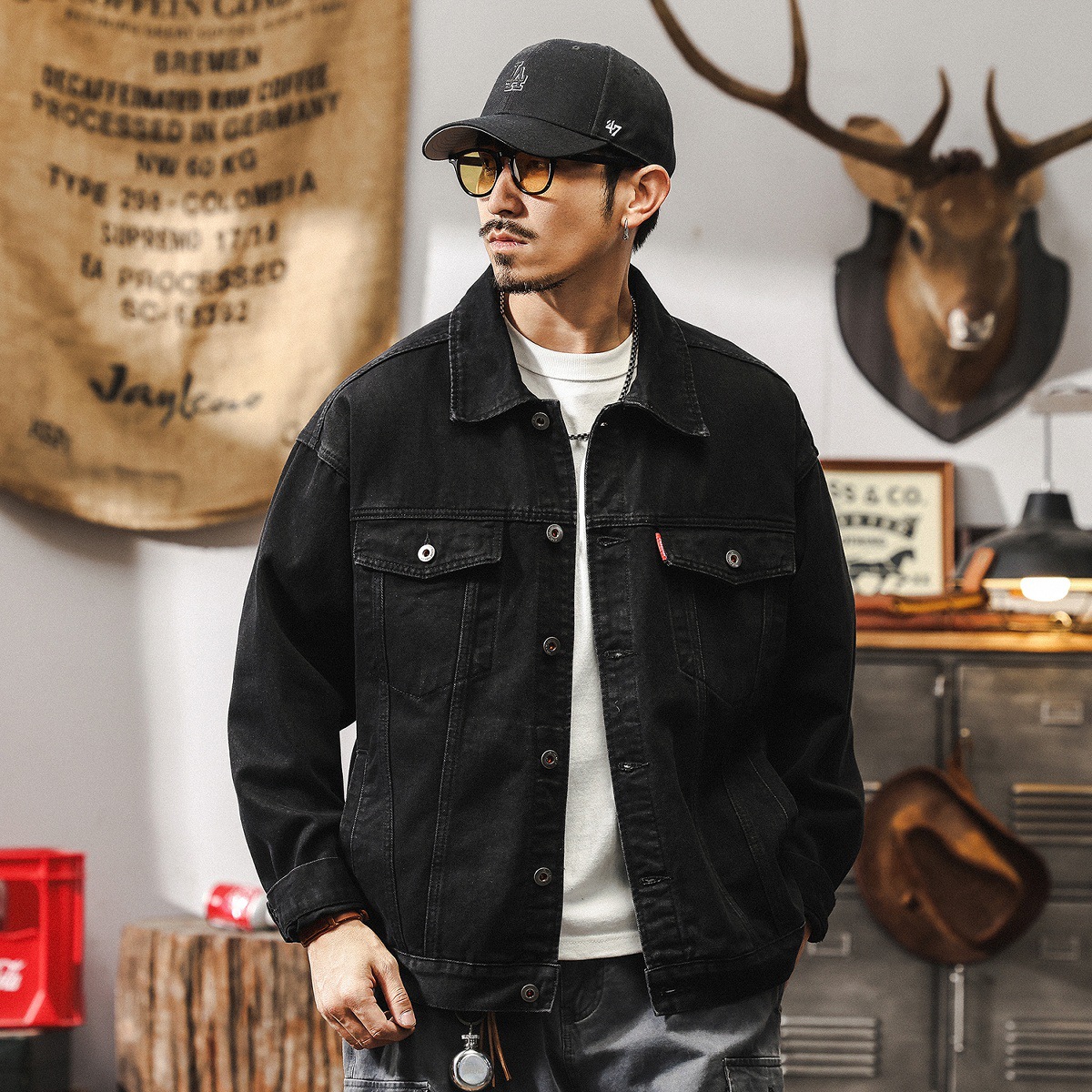美式復古黑色牛仔外套男春秋2025新款潮牌痞帥寬鬆大碼工裝夾克潮