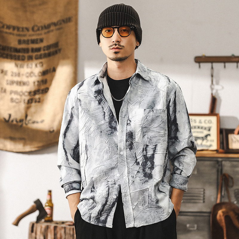 國風扎染印花長袖襯衫男春季2025新款潮流高級感寬鬆休閒襯衣外套