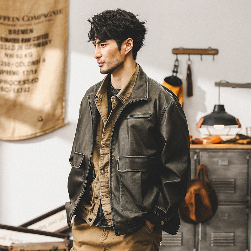 美式復古機車軟皮衣外套男秋季潮牌寬鬆硬漢痞帥男士休閒工裝夾克