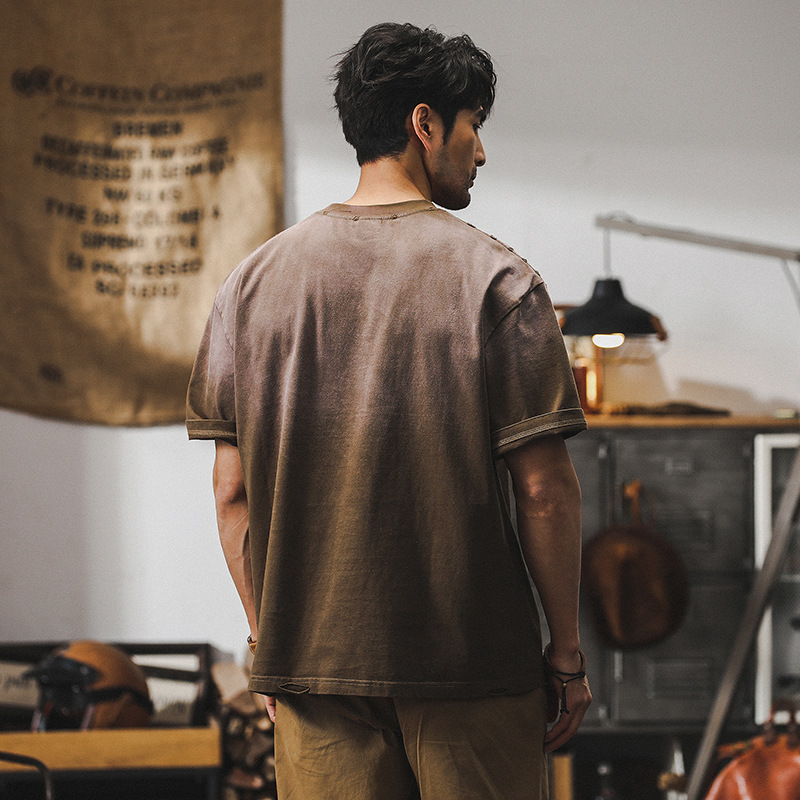 美式復古重磅T恤男夏季寬鬆潮牌高街個性漸變破洞水洗體恤男破洞T