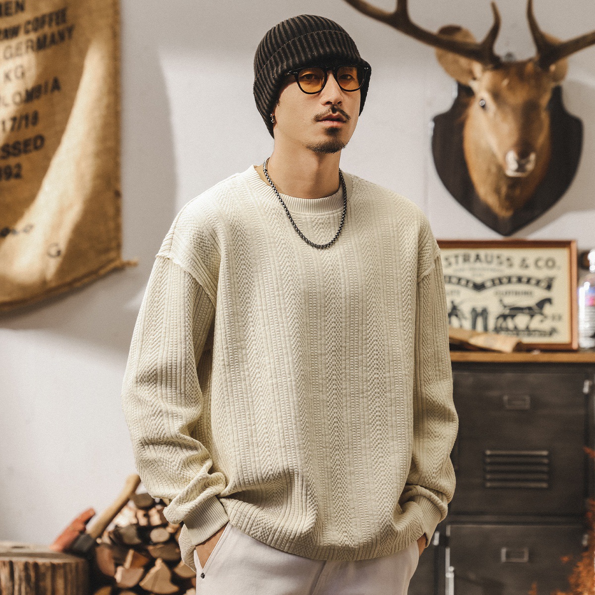 美式復古重磅t恤男長袖秋季潮牌空氣層衛衣男春秋寬鬆針織衫外套