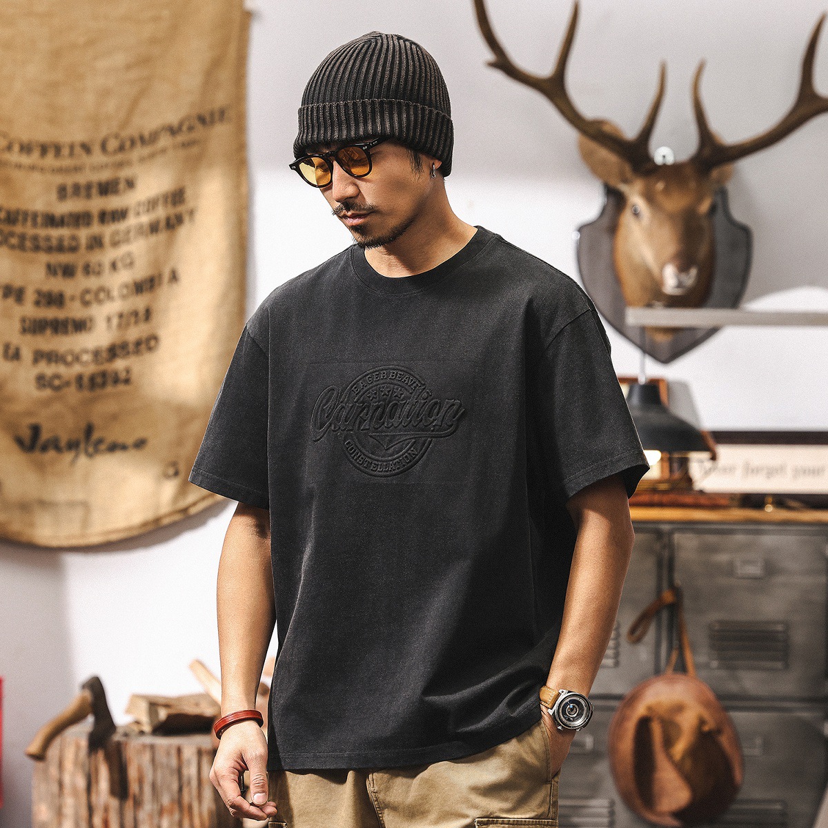 美式復古立體鋼印短袖男夏季寬鬆潮流250g重磅T恤男休閒上衣