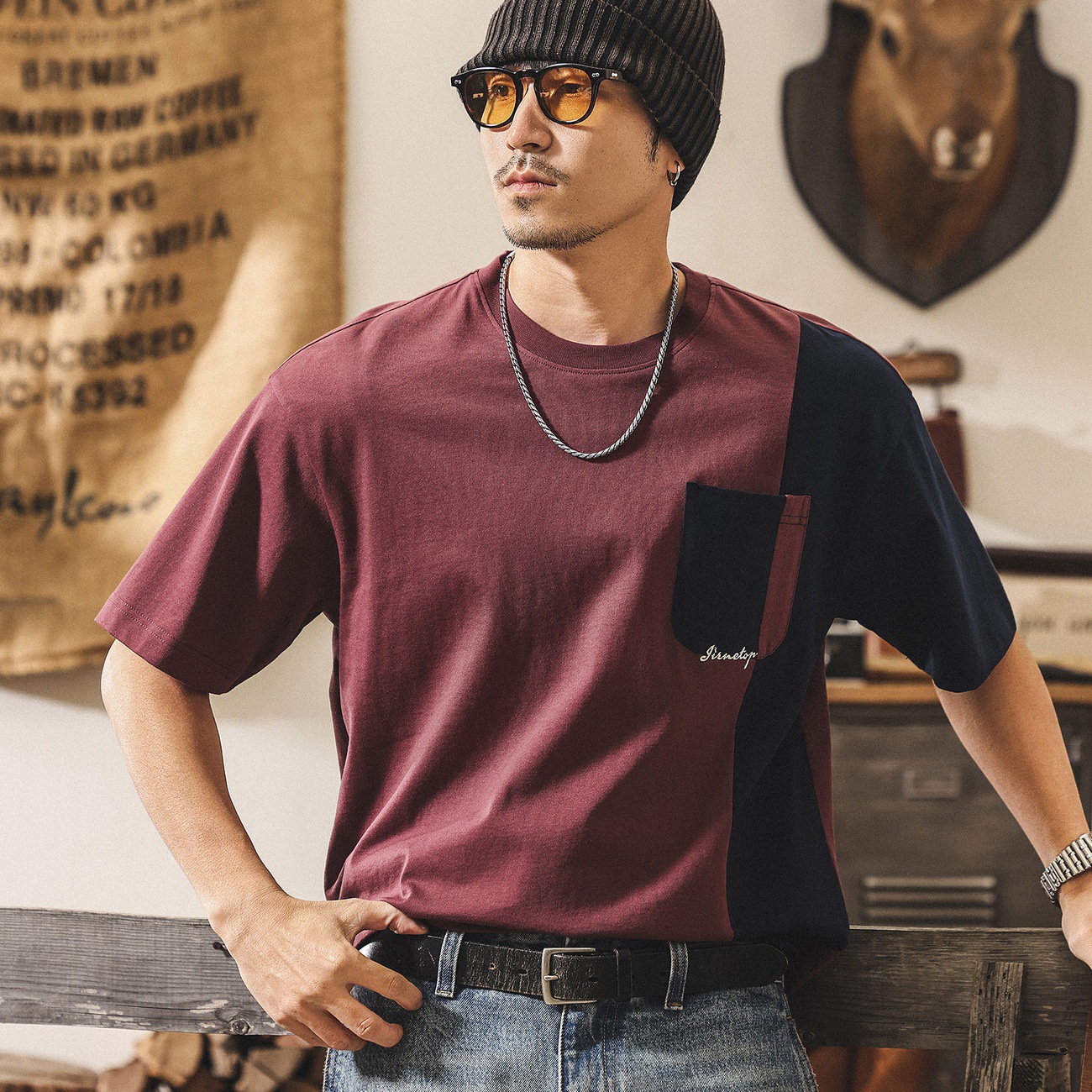 美式復古拼接撞色短袖男夏季新款250g重磅T恤男潮流寬鬆上衣