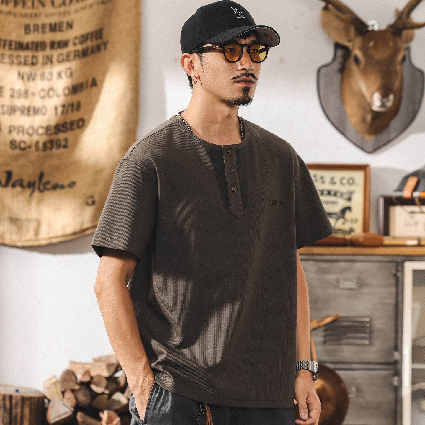 高級感肌理亨利領短袖T恤男士2025新款寬鬆美式復古夏季polo衫男