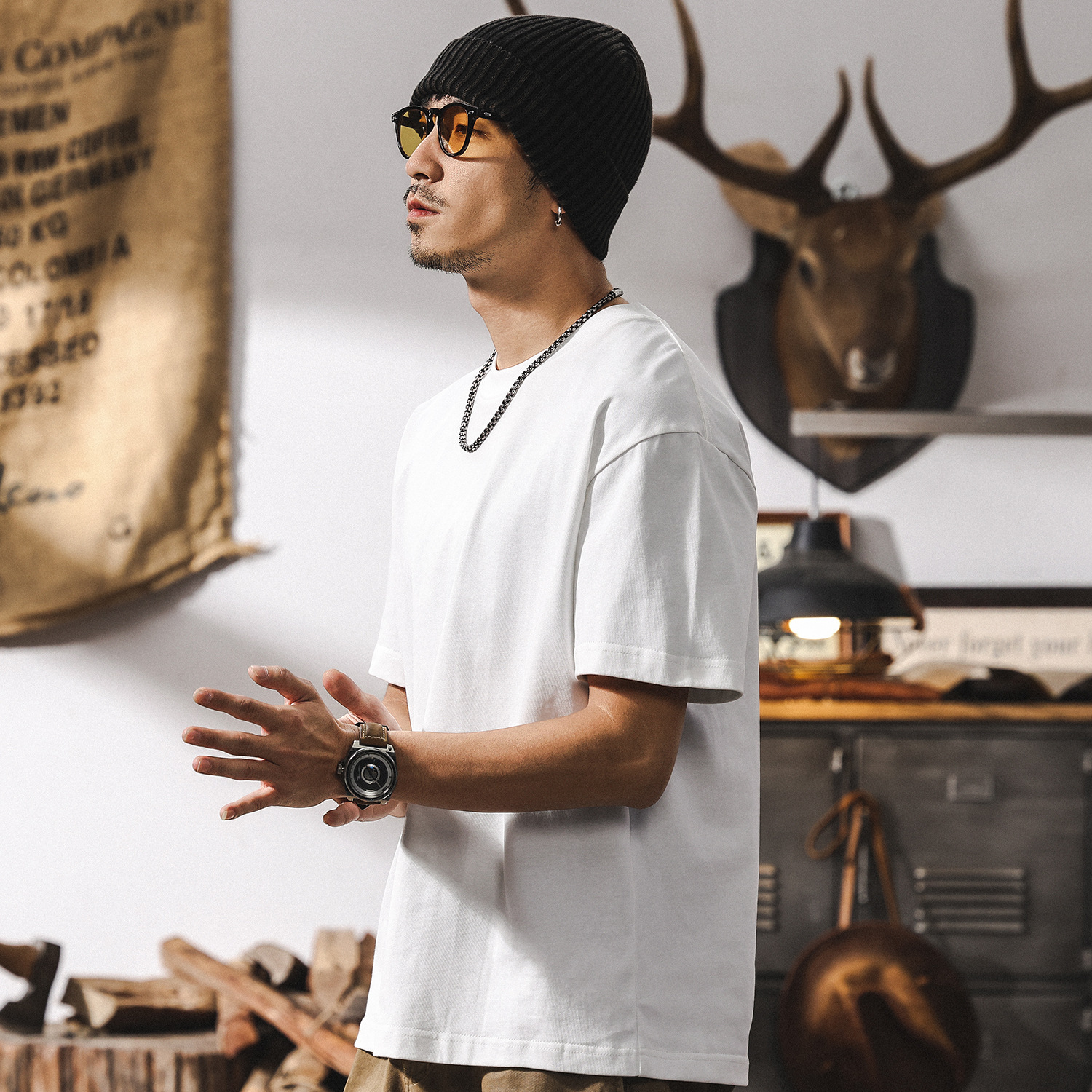 美式復古T恤男夏季重磅純色短袖潮牌寬鬆簡約百搭圓領上衣男