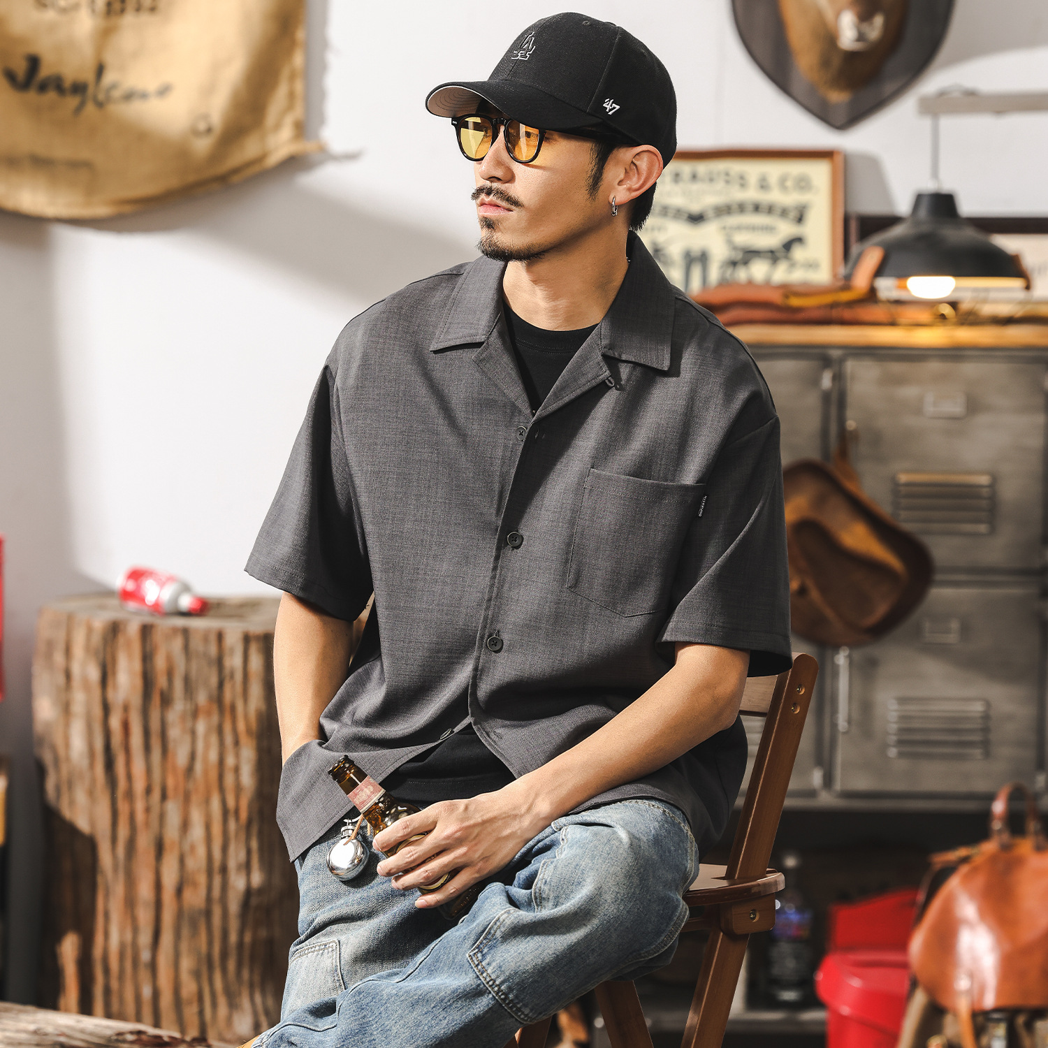 美式復古竹節紋古巴領襯衫短袖男款夏季潮牌寬鬆輕熟高級感襯衣男