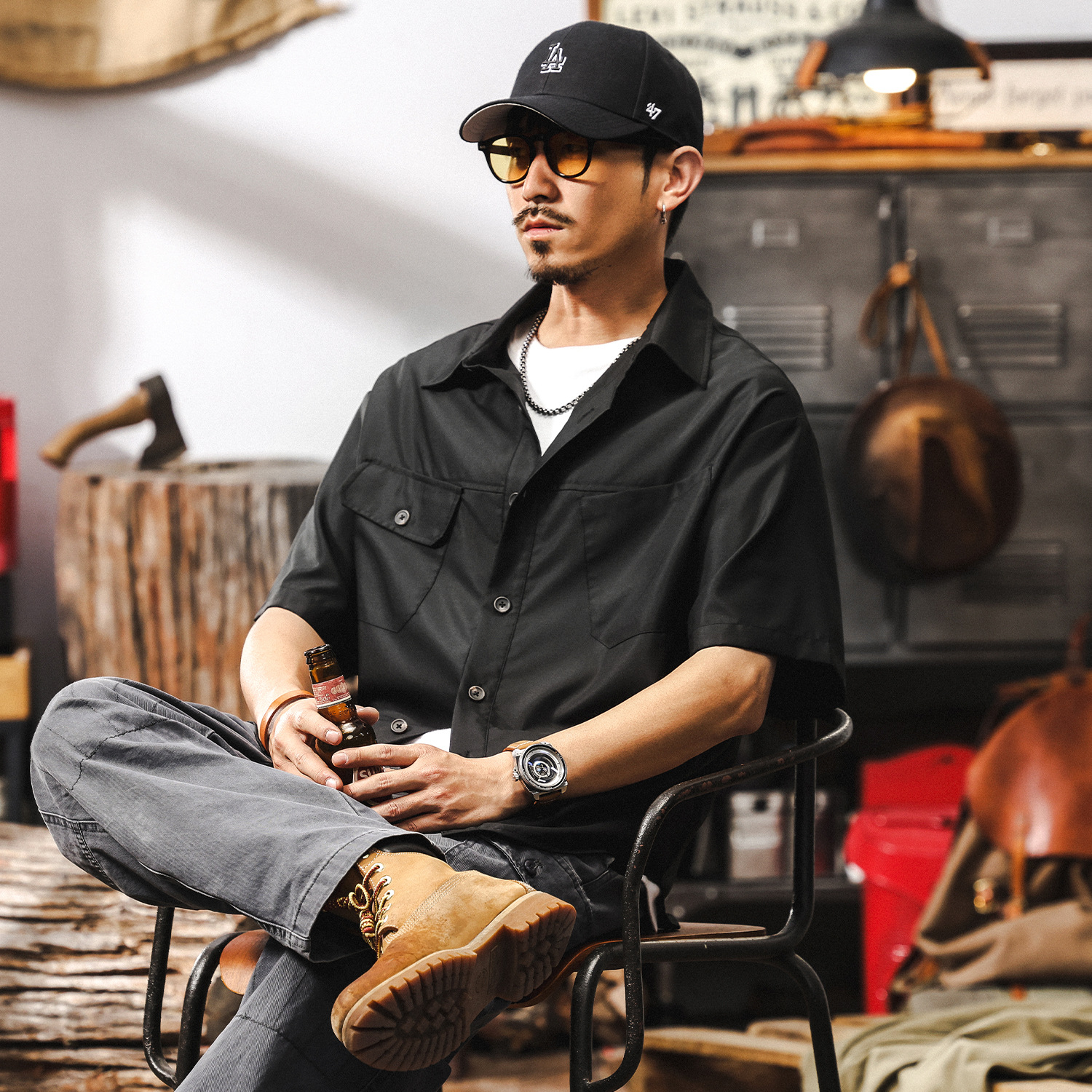 抗皺免燙垂感莫代爾短袖襯衫男夏季2025新款潮牌美式寬鬆男士襯衣