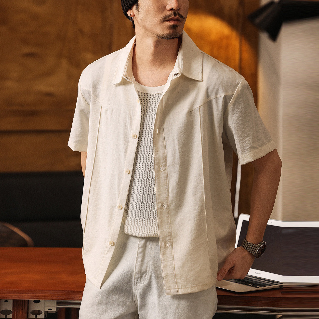 美式復古莫瑞老錢風白色短袖襯衫男士夏季薄款輕奢寬鬆休閒襯衣男