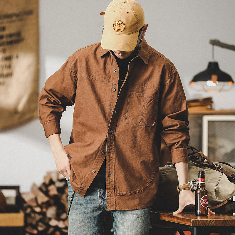 美式復古長袖襯衫男美式工裝潮牌獵裝上衣男寬鬆襯衣男士春季外套