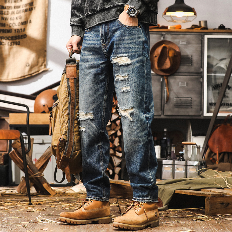 美式復古牛仔褲男寬鬆直筒2024新款潮牌男褲子秋季破洞休閒長褲男