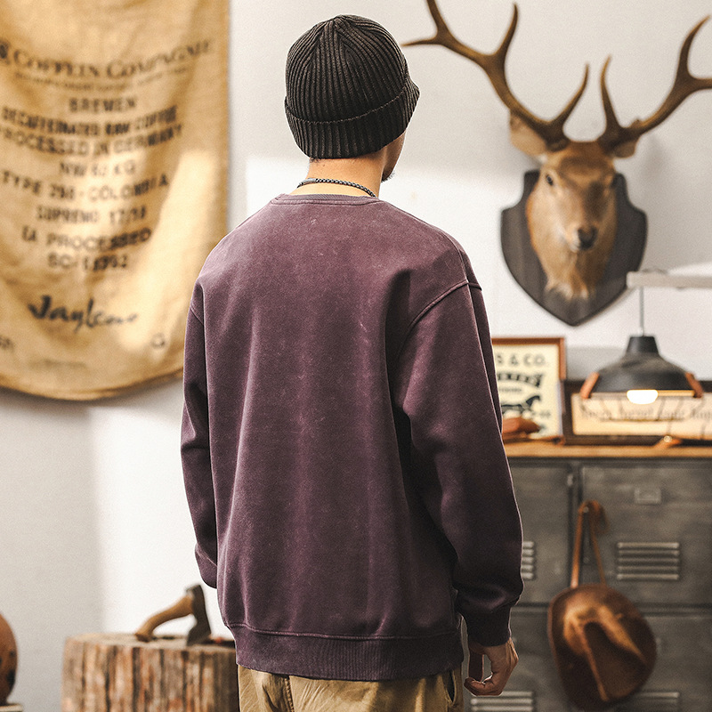 美式復古重磅蠟染衛衣男秋季潮牌設計感印花紫色上衣寬鬆大碼男裝