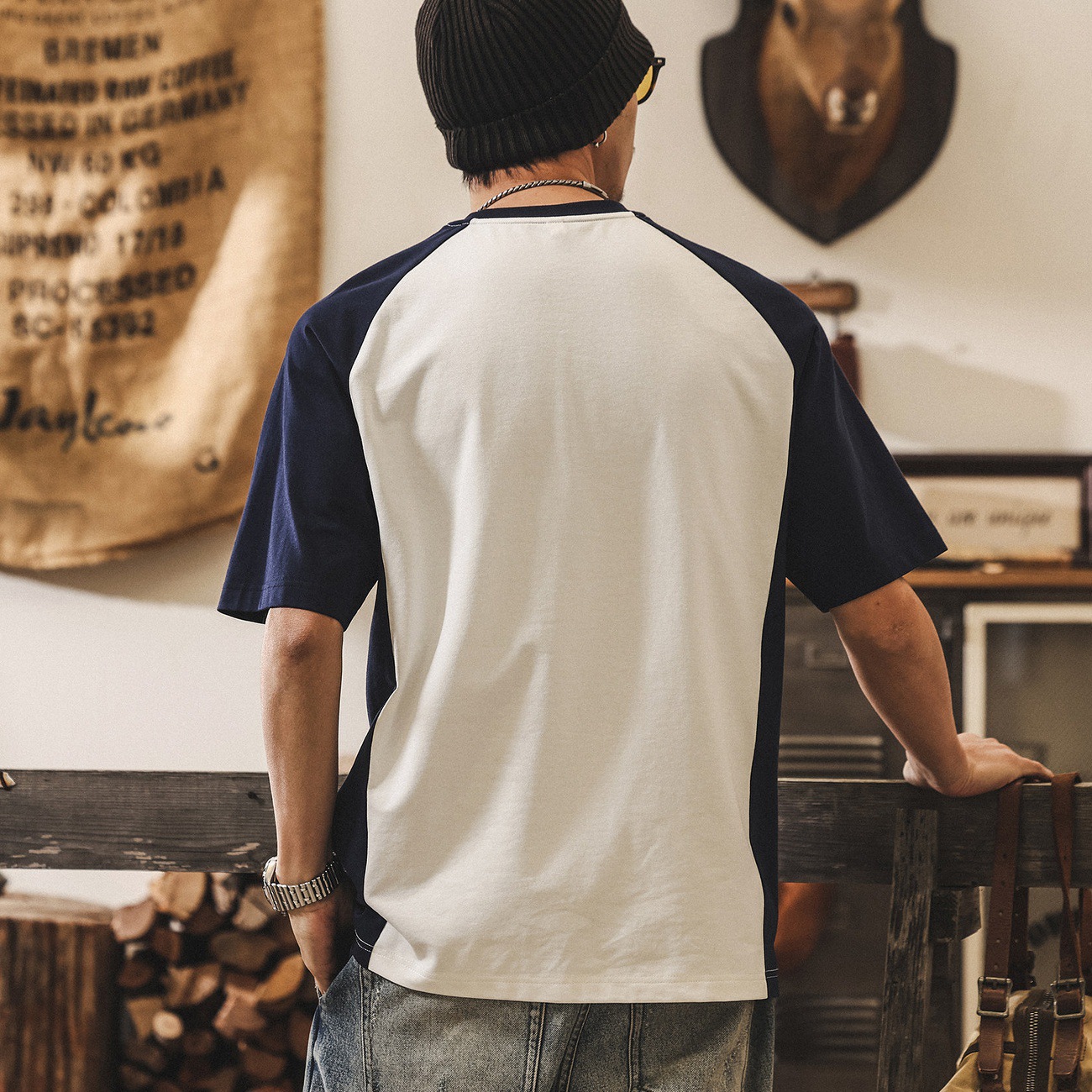 美式復古潮牌男士短袖T恤夏季新款潮流插肩袖拼接寬鬆半袖上衣男