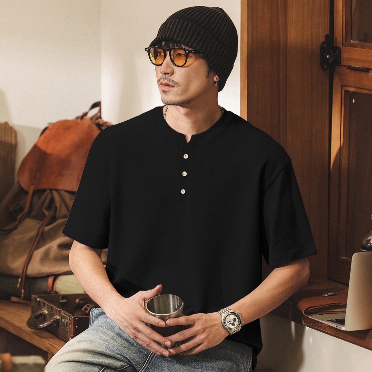 美式復古230g重磅T恤男士短袖Polo衫男夏季新款潮牌寬鬆亨利衫男