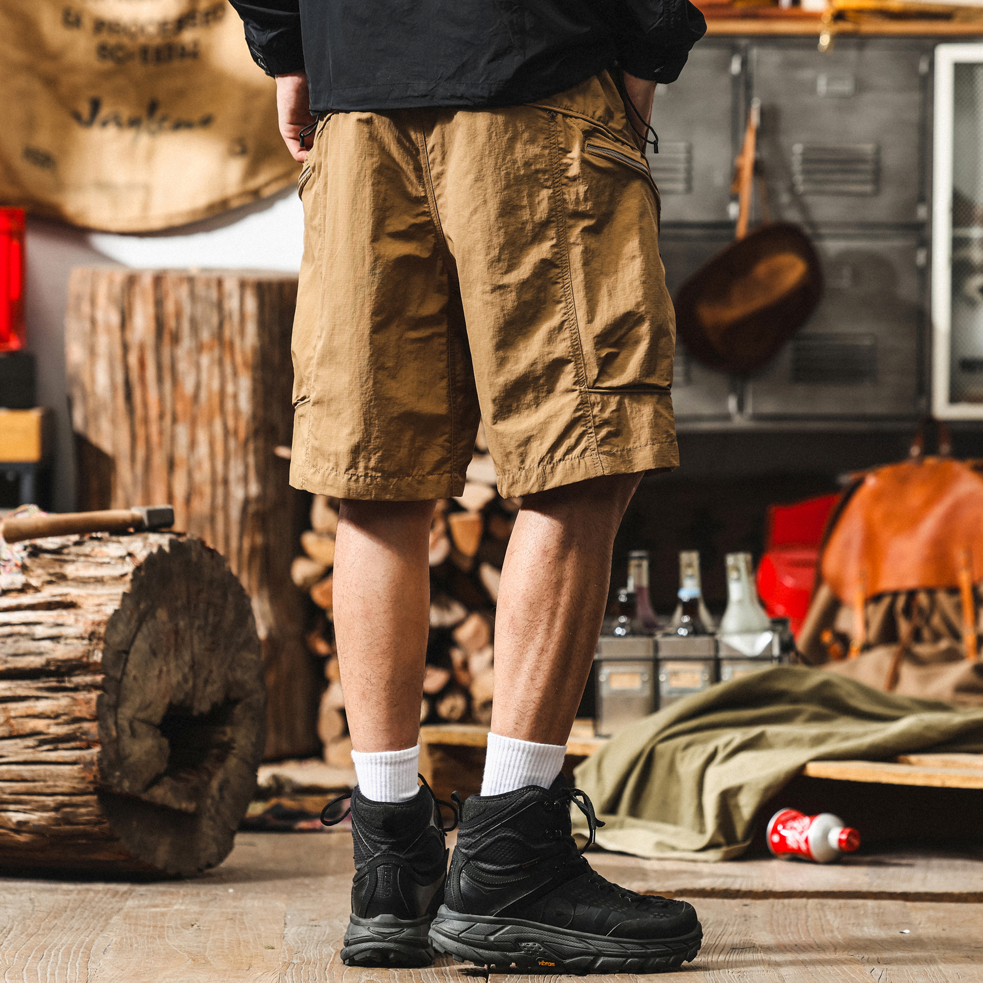 冰絲涼感薄款卡其色工裝短褲男夏季潮牌戶外機能速幹寬鬆五分褲男