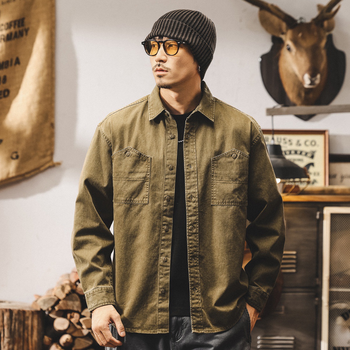 美式復古工裝襯衫男長袖2025新款秋季洗褪仿牛仔外套男春秋款襯衣