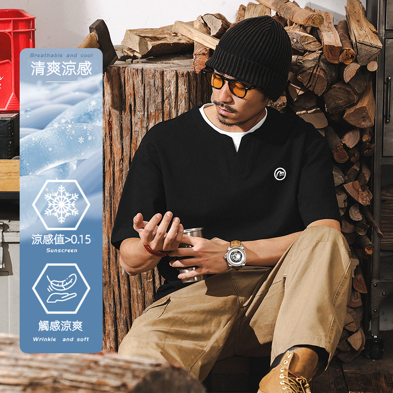 假兩件T恤2025新款短袖男夏季美式復古潮牌撞色疊穿涼感休閒上衣