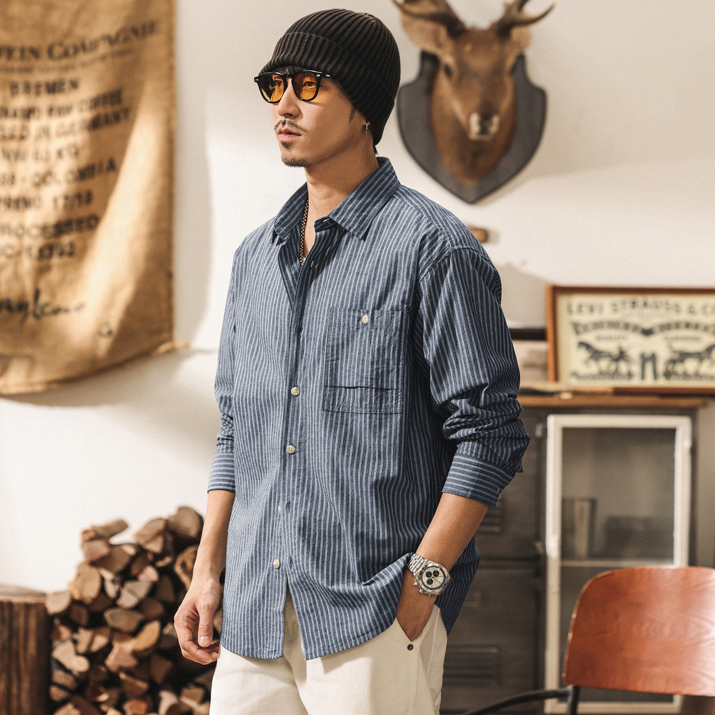 美式復古亞麻透氣條紋男士襯衫春季2026新款長袖工裝襯衣薄款外套