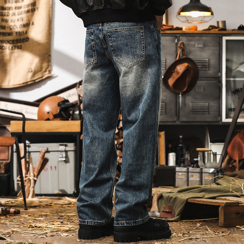 美式復古秋季牛仔褲男寬鬆直筒2024新款工裝褲子男潮牌休閒長褲男