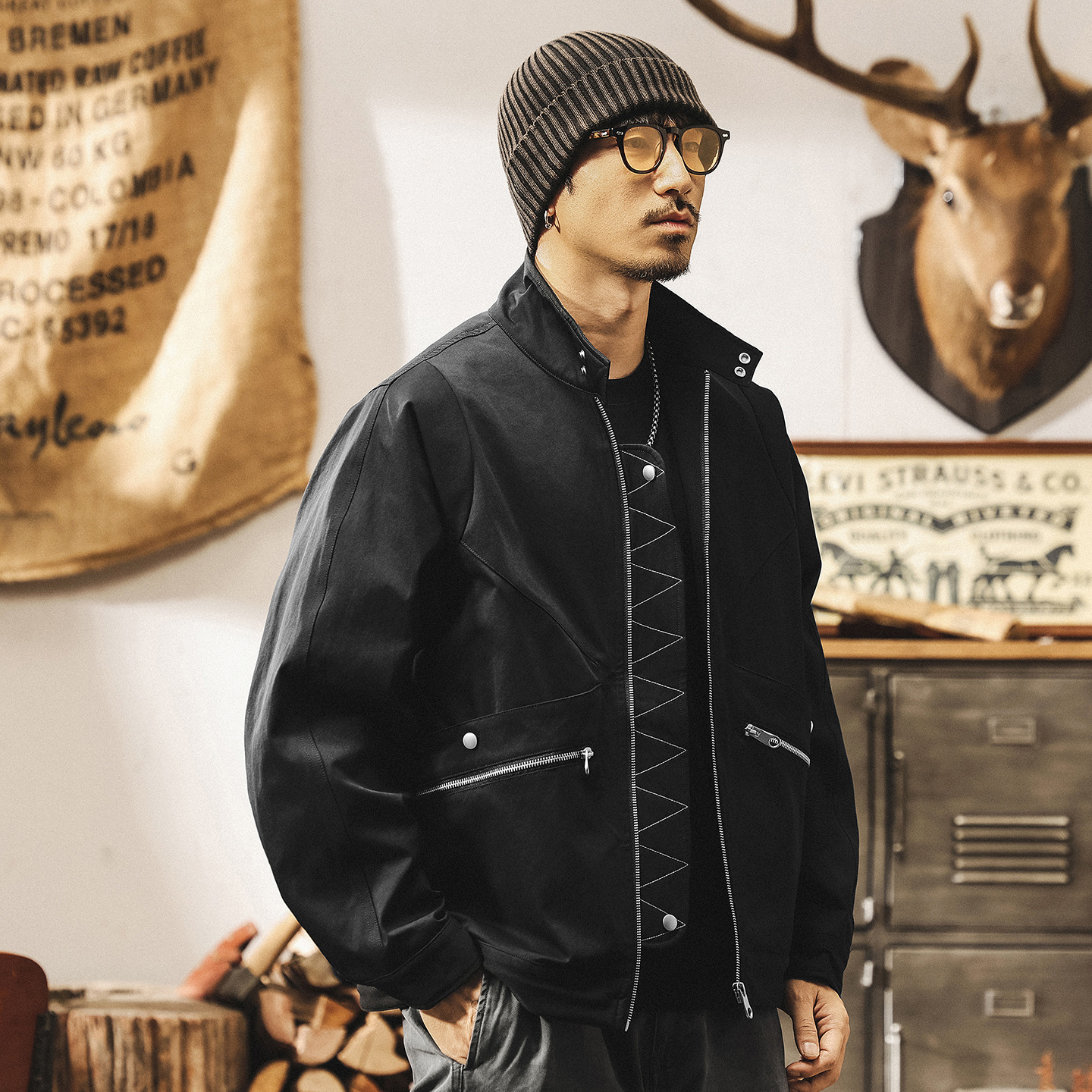 美式復古潮牌機車立領夾克男春秋新款高街痞帥寬鬆工裝飛行員外套