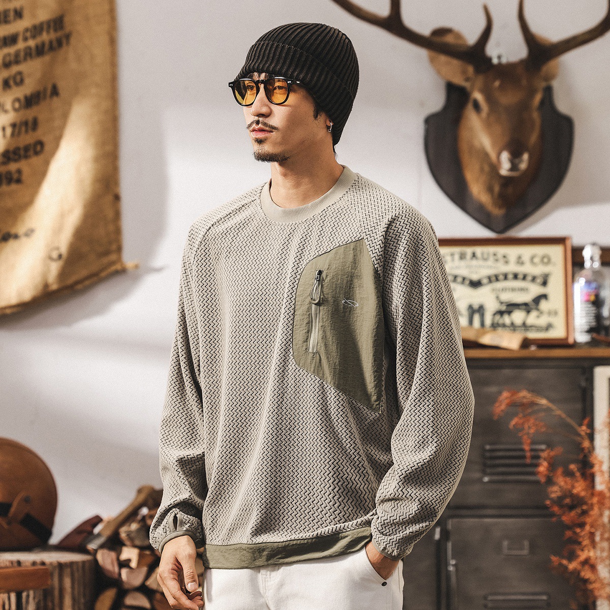 環保可再生戶外通勤波浪紋衛衣男春秋新款美式復古寬鬆長袖t恤男