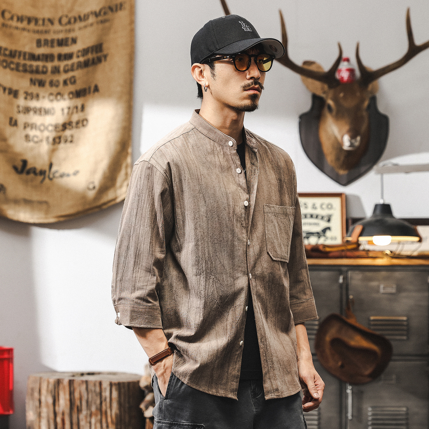 高級感棉麻七分袖襯衫男2025新款短袖男夏季薄款復古立領潮牌襯衣