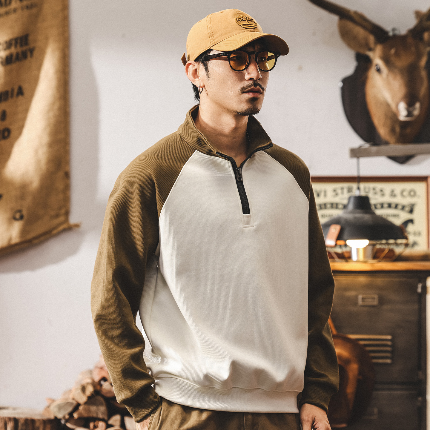 美式復古重磅半拉鍊衛衣男春秋新款潮流撞色立領寬鬆休閒男士上衣