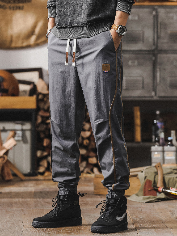 卡其色薄款夏季褲子男2024新款寬鬆束腳褲潮牌撞色設計男士休閒褲