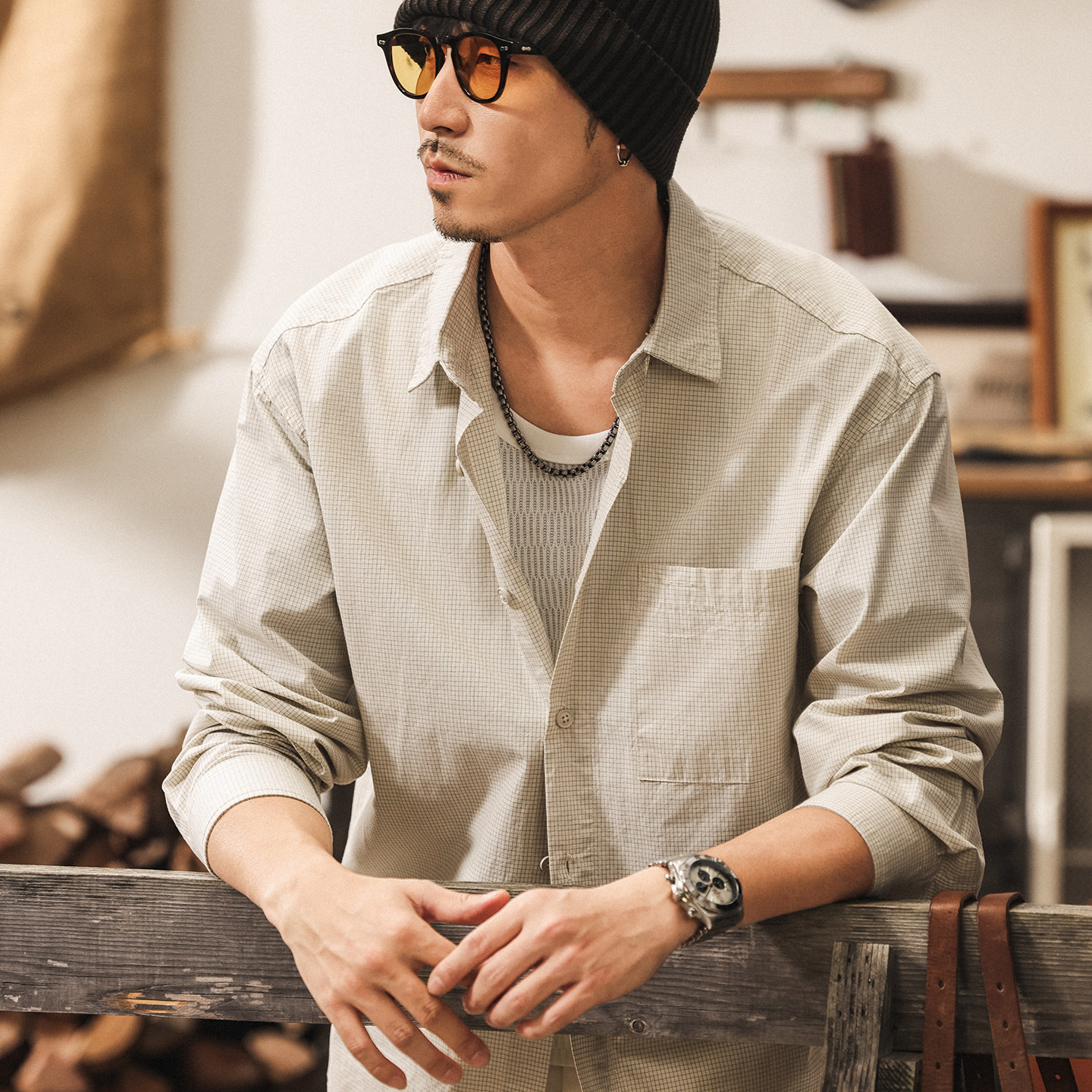 美式復古千鳥格長袖襯衫男士2026新款春季外套潮牌寬鬆襯衣男