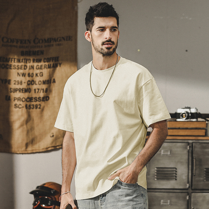 32支雙紗爽滑棉250g重磅基礎純色圓領短袖T恤男夏季寬鬆百搭小白t