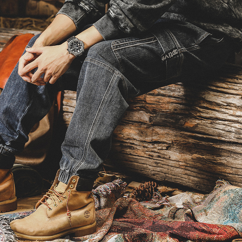 美式重磅復古工裝褲子男寬鬆潮牌潮流牛仔褲男春秋季束腳哈倫褲男