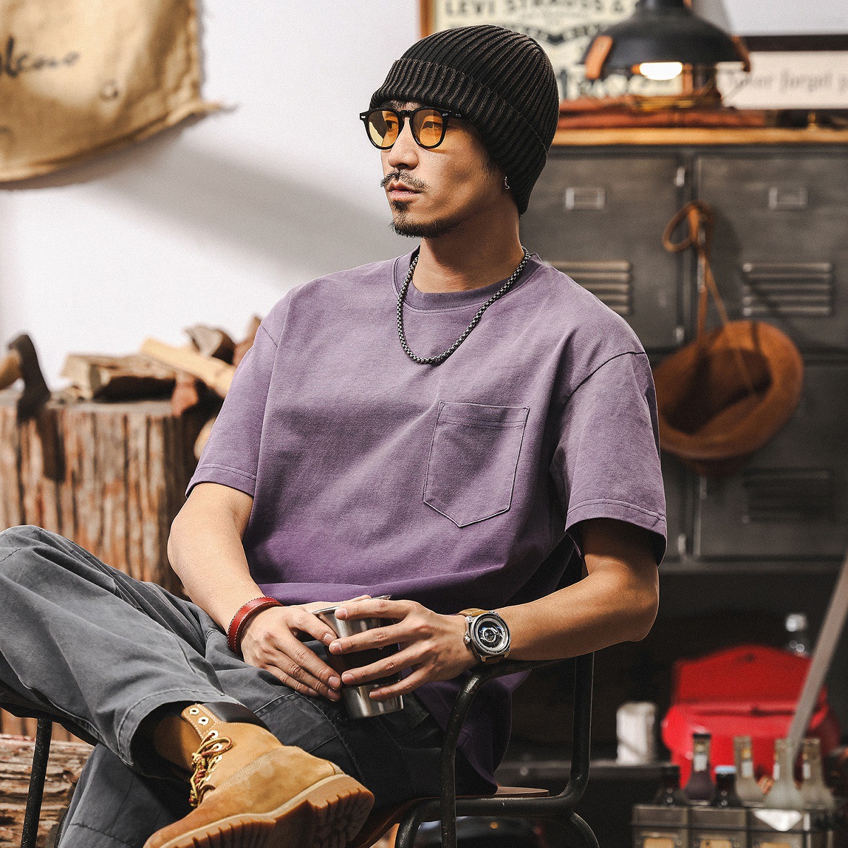 阿蘇特漸變水洗T恤夏季美式短袖潮牌寬鬆百搭紫色多巴胺上衣T男潮