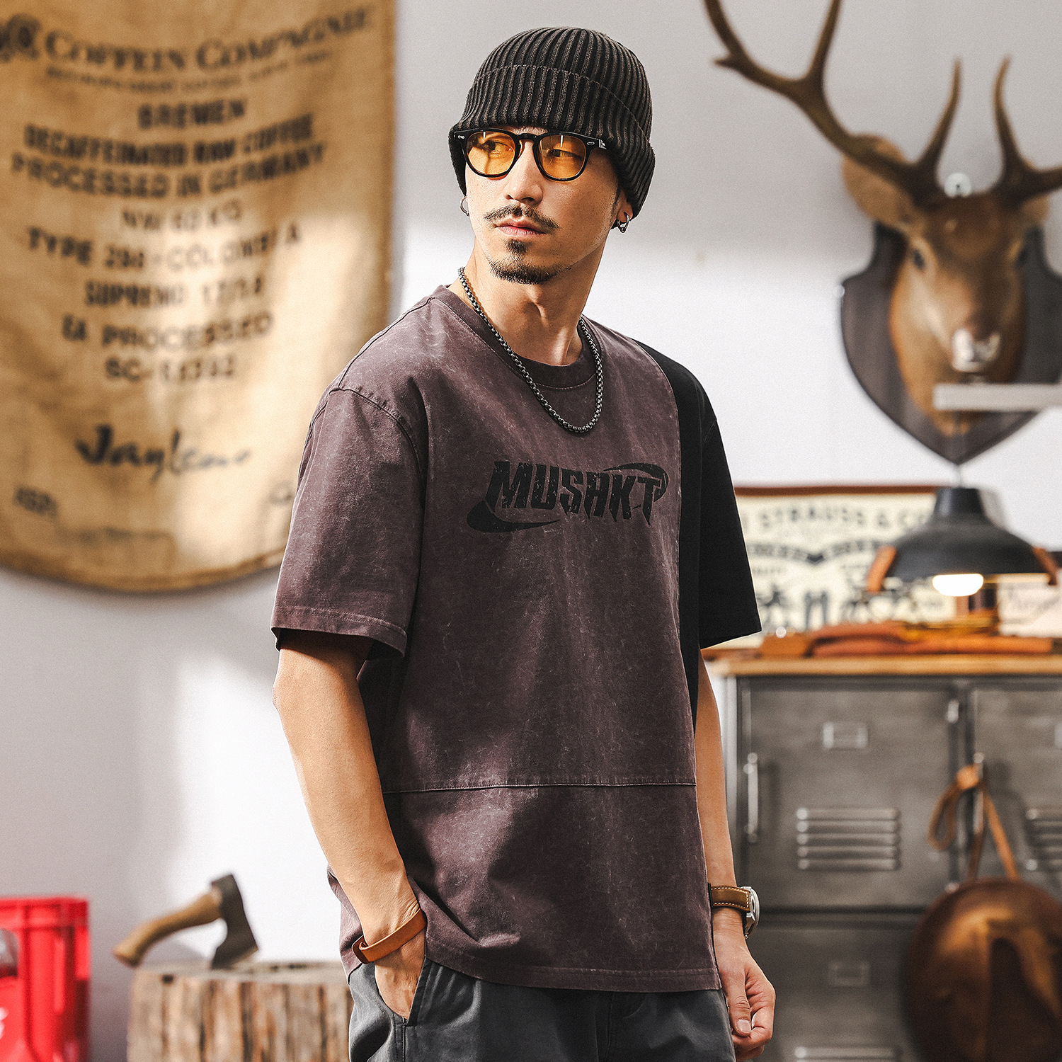 美式復古260g重磅T恤男潮牌短袖男夏季寬鬆拼接紫色男士印花上衣T