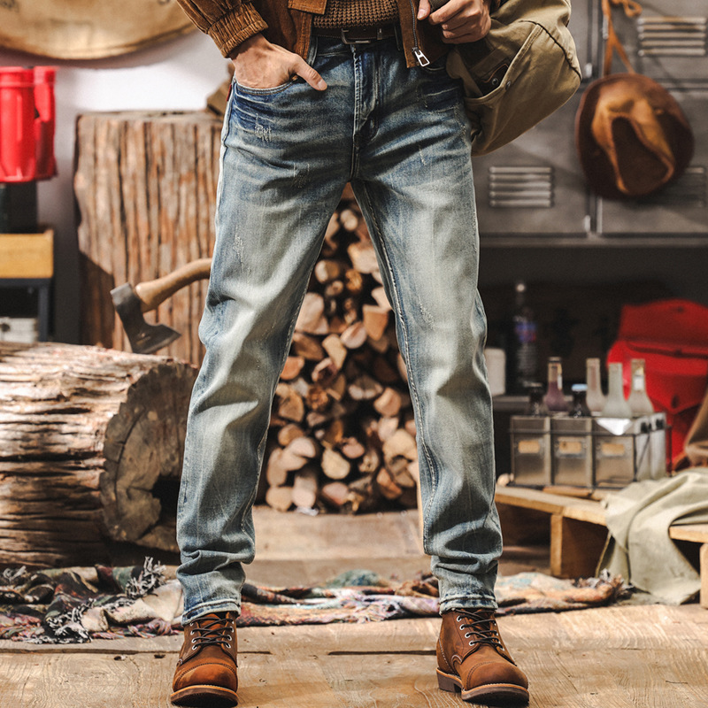 美式復古經典做舊水洗牛仔褲男秋季新款男士休閒褲修身機車長褲潮