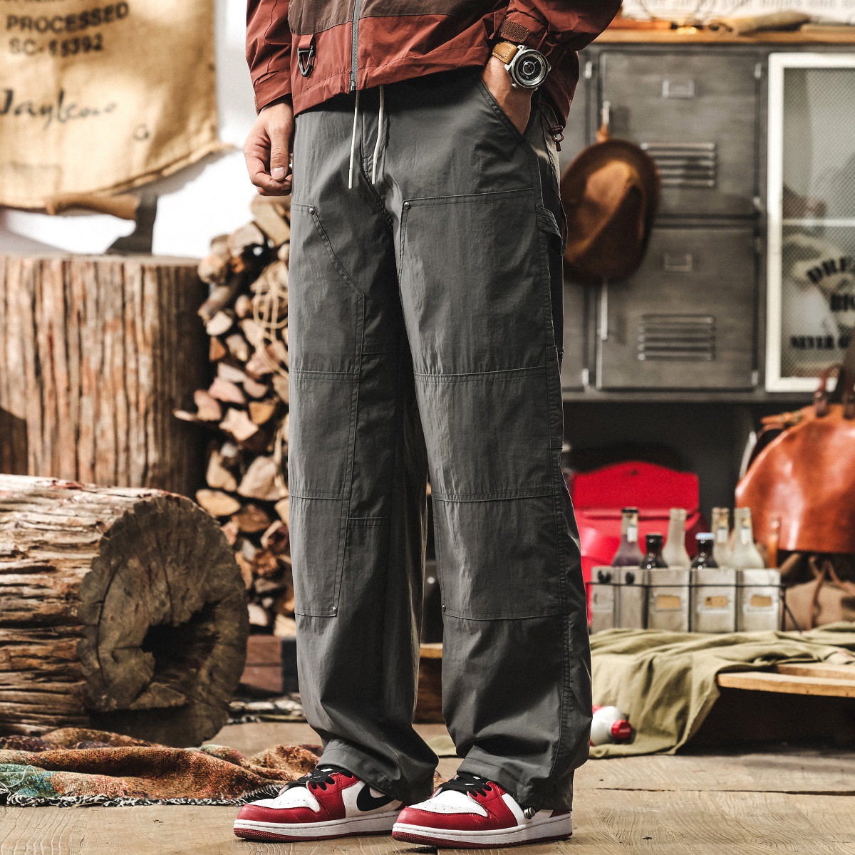 美式復古戶外工裝夏季薄款褲子男寬鬆闊腿褲淺灰色男士休閒伐木褲