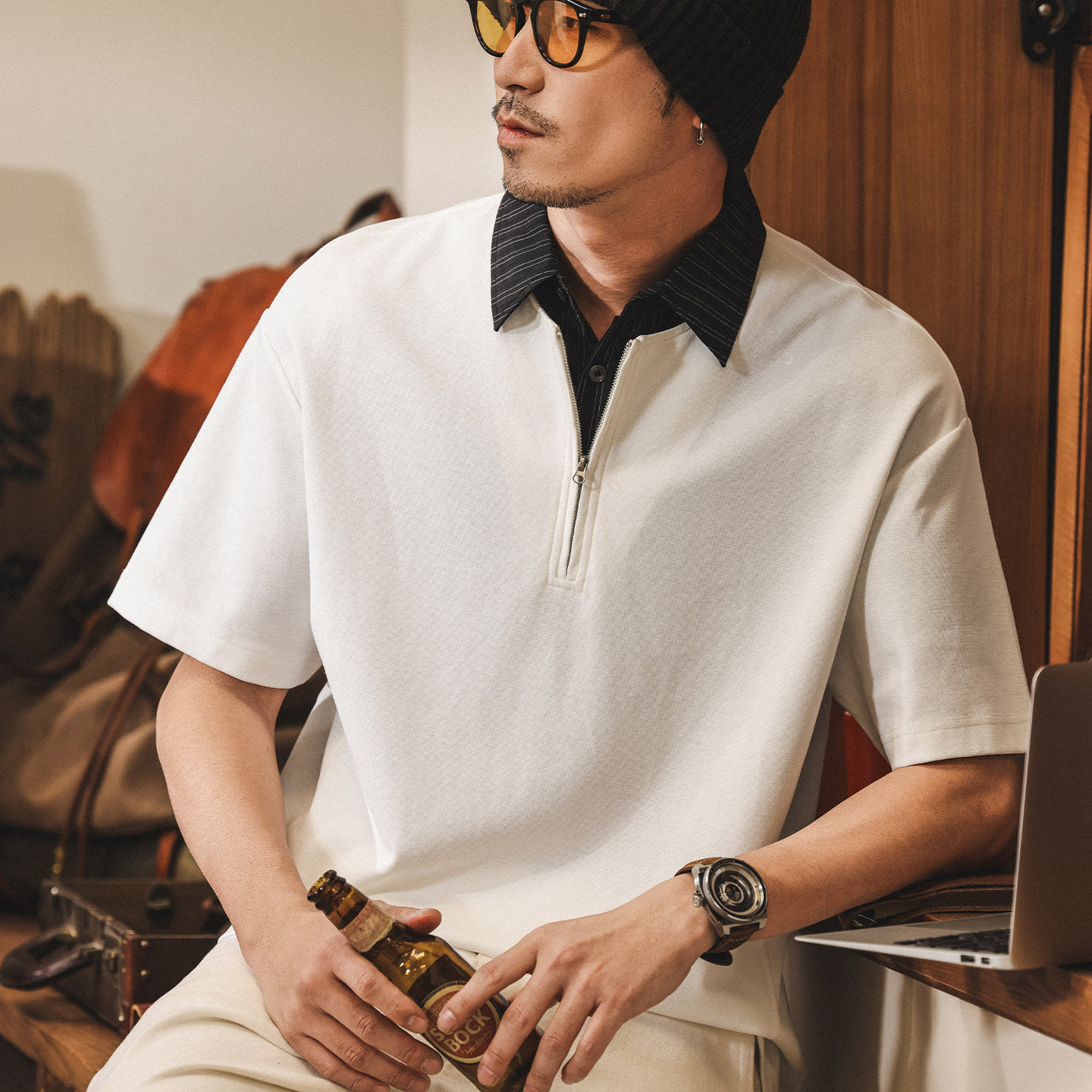 美式復古假兩件條紋襯衫領T恤短袖男款Polo衫夏季潮流寬鬆亨利衫