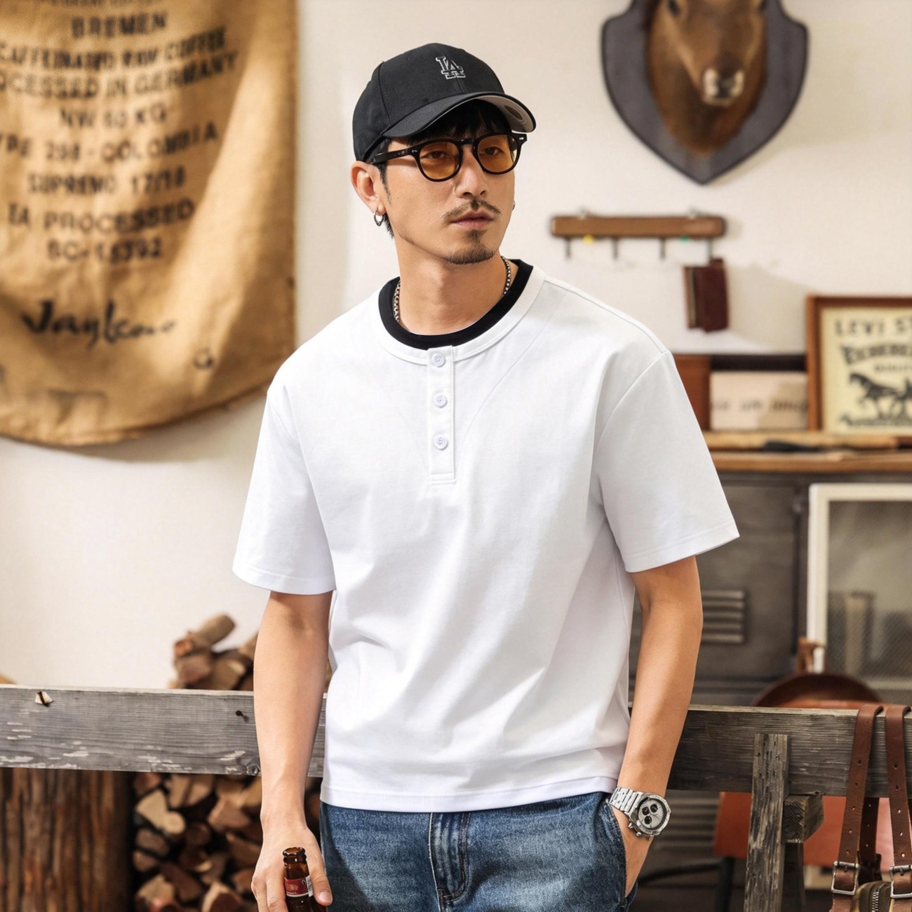 美式復古假兩件涼感T恤男士短袖夏季寬鬆紫色潮流亨利領Polo衫男