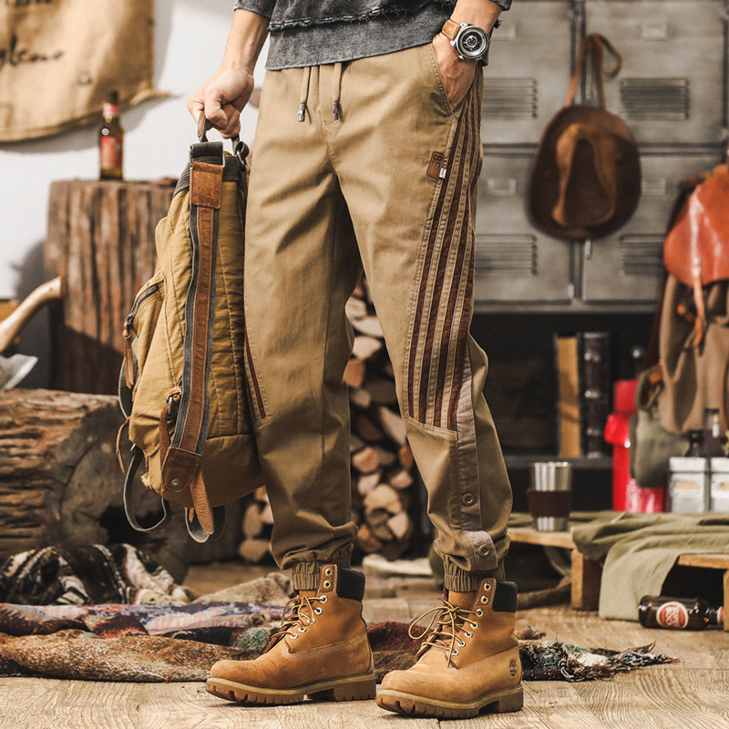 美式復古條紋拼接工裝褲子男秋季潮牌寬鬆卡其色束腳男士休閒長褲