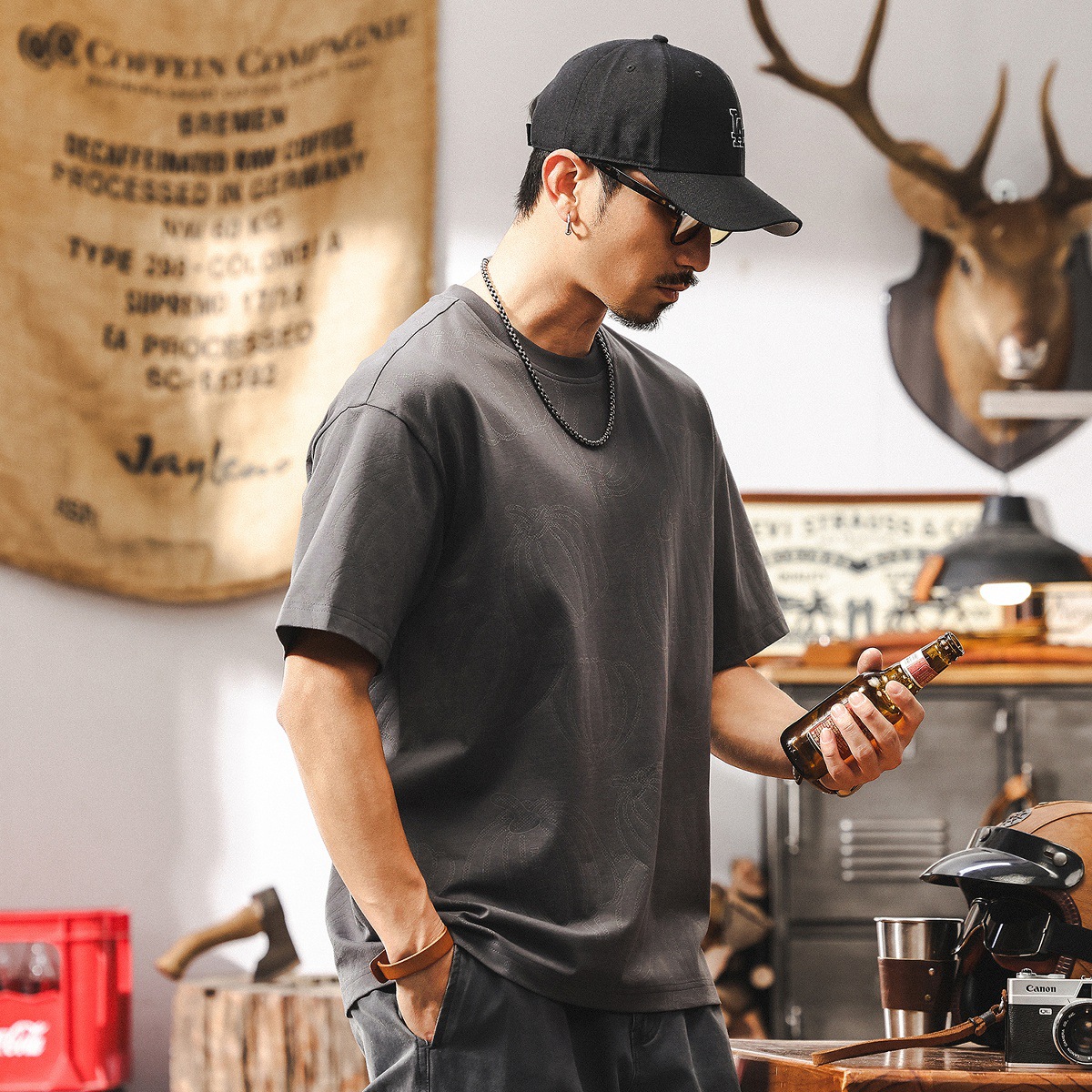 美式復古短袖T恤男夏季2025新款潮流高級感南瓜滿印男士休閒上衣