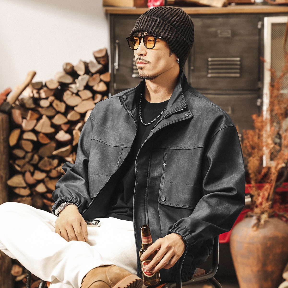 美式復古啞光做舊皮衣外套男春秋新款寬鬆潮流痞帥機車服皮夾克男