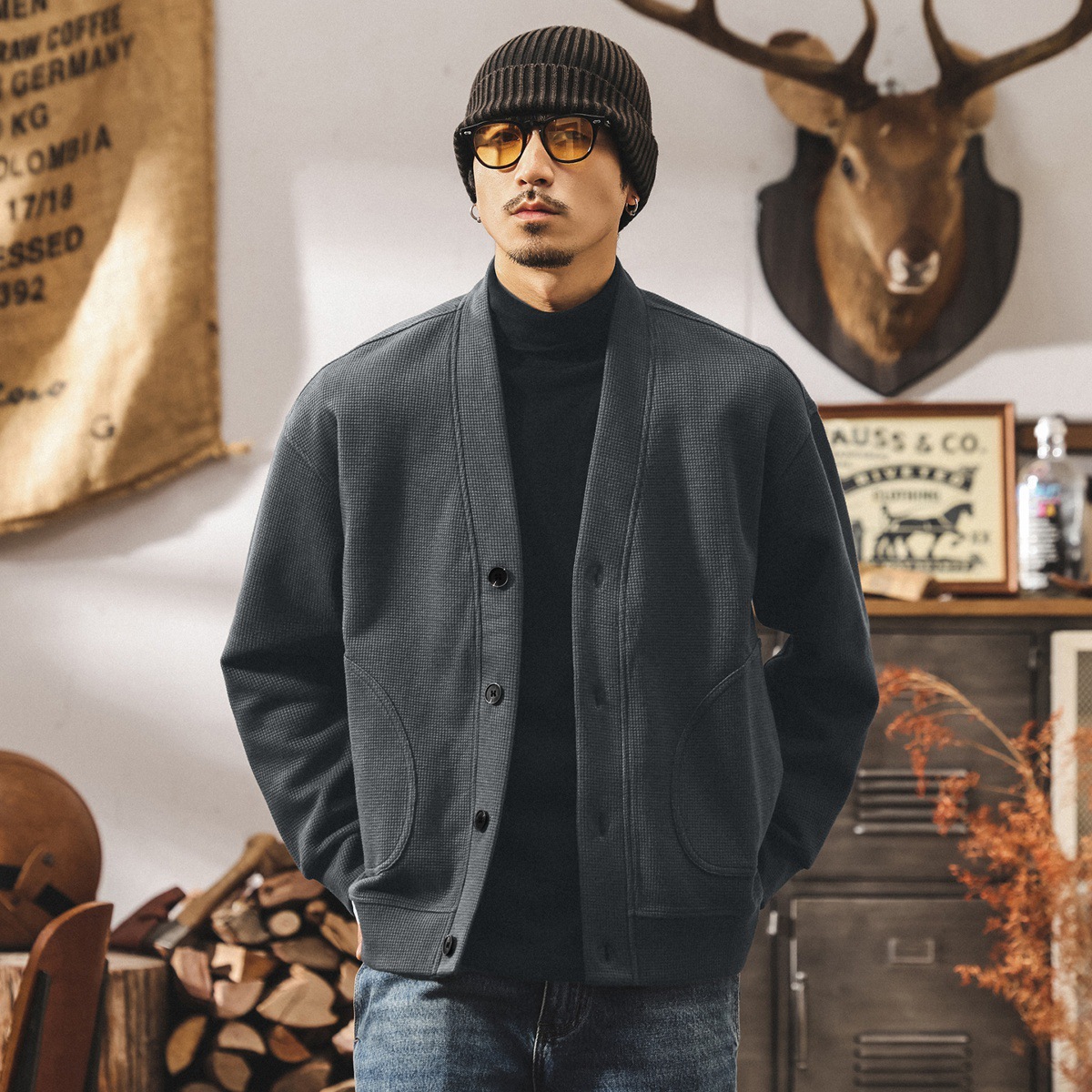 美式復古華夫格開衫外套男春秋慵懶風重磅衛衣寬鬆休閒外套男秋冬