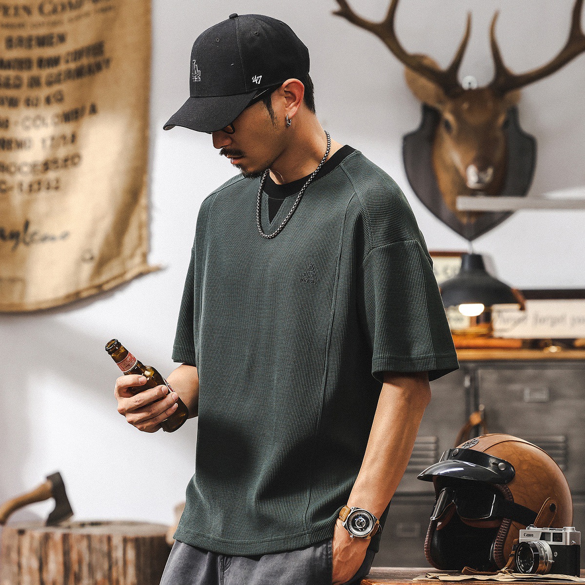 夏季潮牌撞色拼接美式短袖T恤男2025新款寬鬆肌理男士假兩件上衣