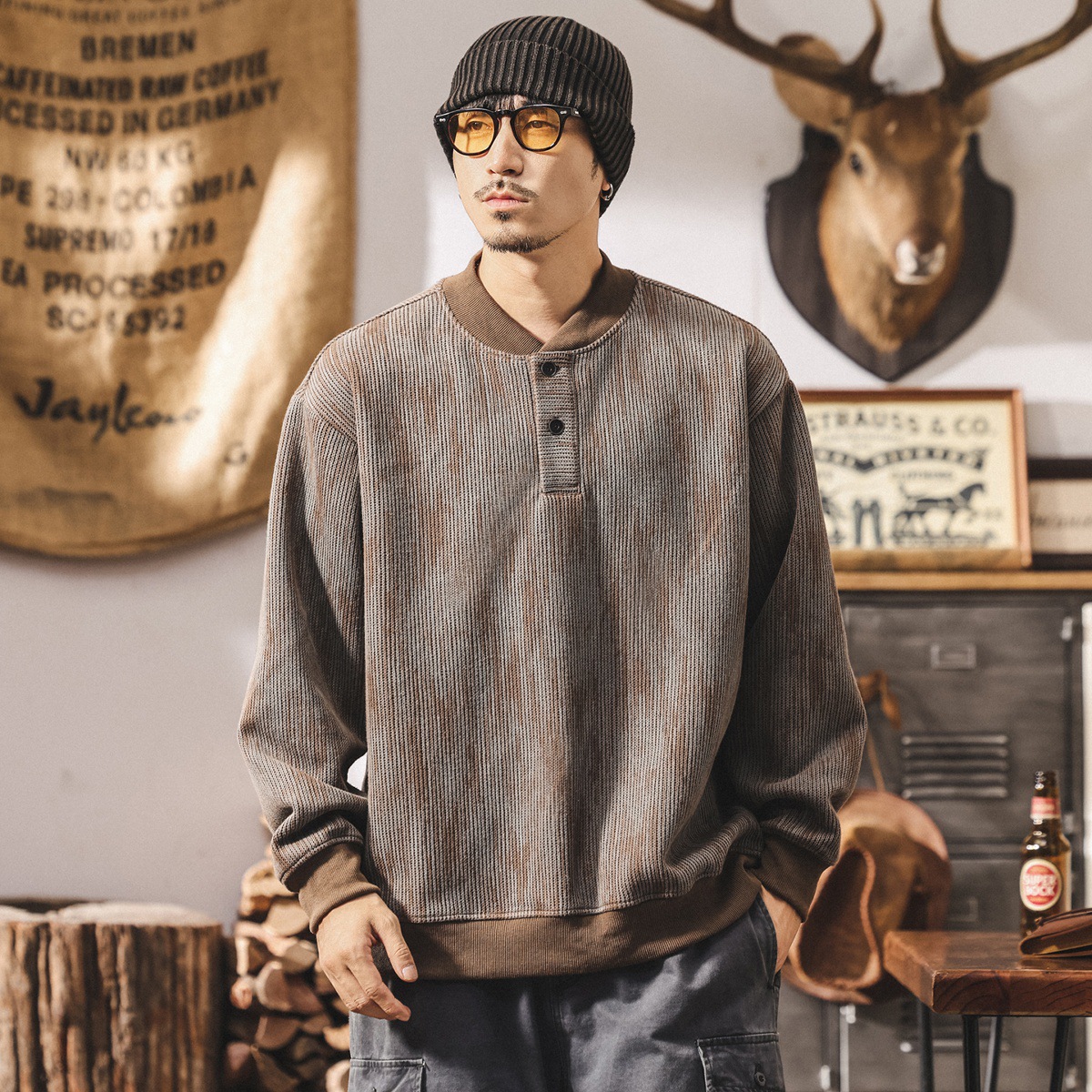 美式復古亨利領重磅衛衣男春秋新款潮牌寬鬆大碼潮流紫色男士上衣