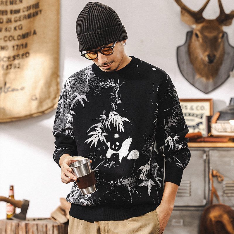 國潮熊貓提花毛衣男冬季潮流男士內搭秋冬款寬鬆國風潮流針織衫男