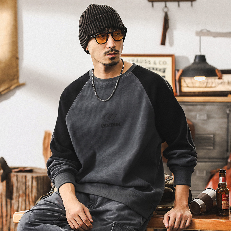 美式復古350g重磅衛衣男秋冬款潮牌肌理感華夫格秋季長袖T恤男士