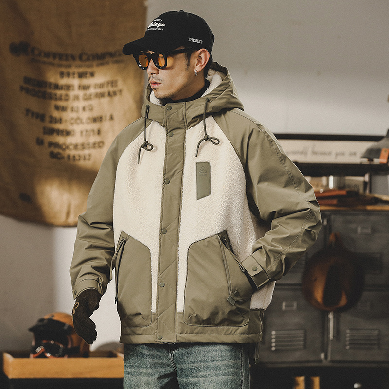 美式拼接設計羊羔絨外套男冬季2023年新款男生加絨加厚工裝棉服男