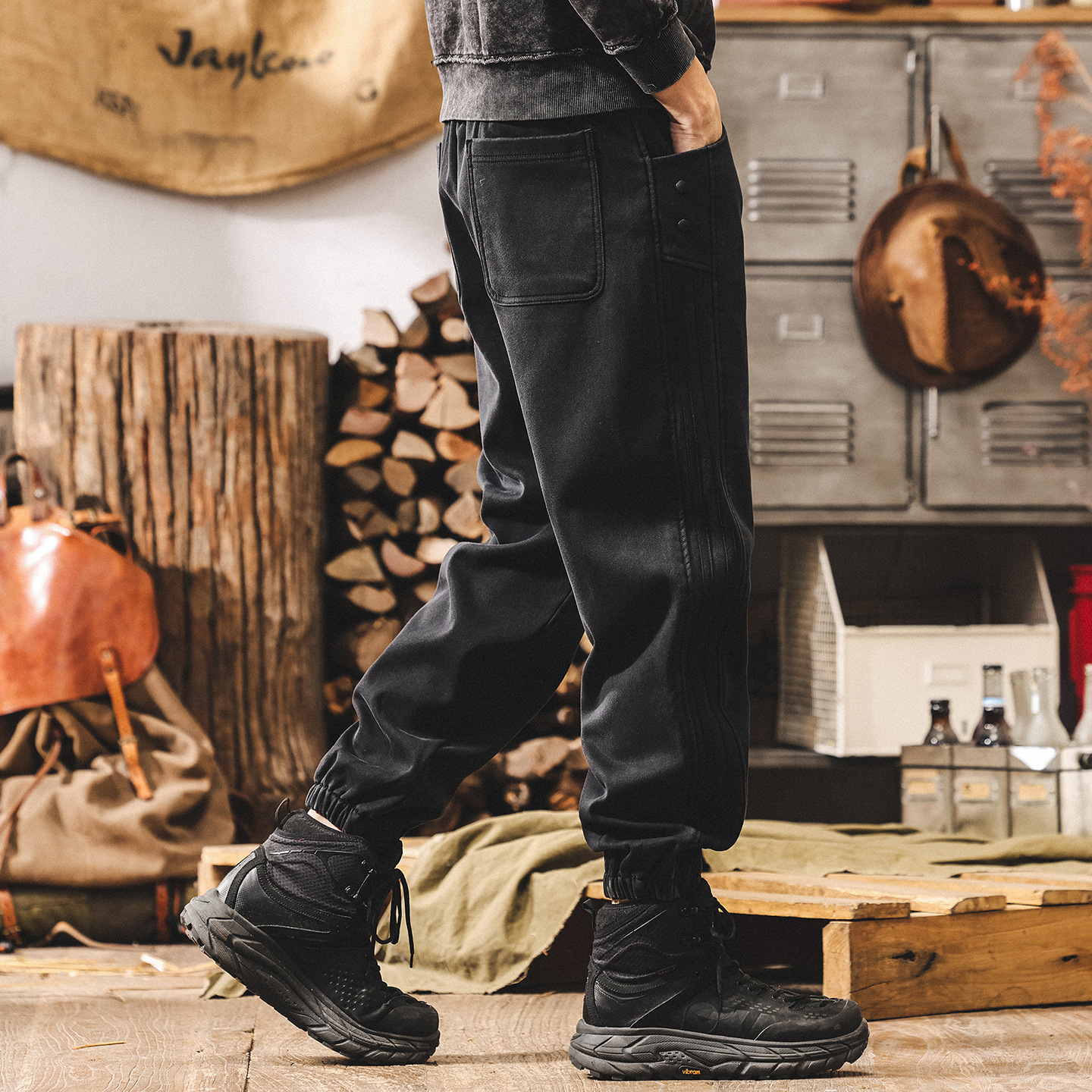 美式復古重磅加絨褲子男款冬季潮牌運動束腳衛褲男寬鬆加厚休閒褲