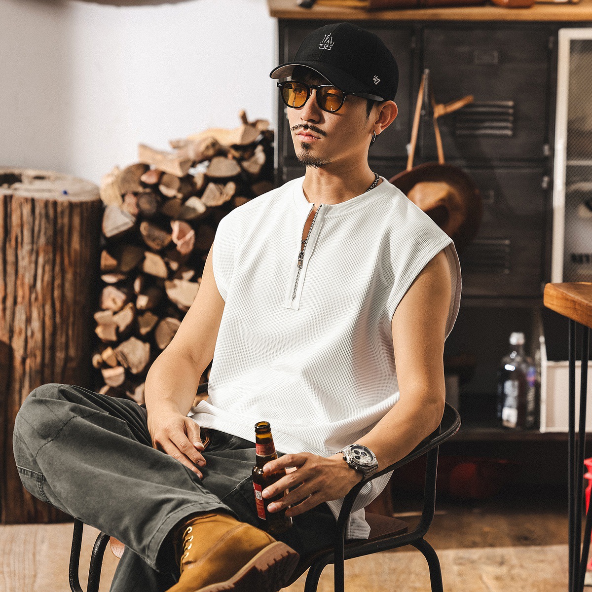 夏季新款半拉鍊痞帥運動健身背心男寬鬆潮牌華夫格肌理感男士T恤