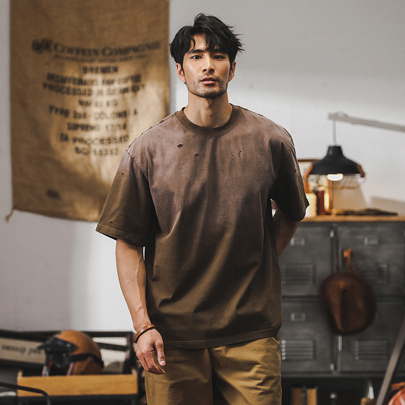 美式復古重磅T恤男夏季寬鬆潮牌高街個性漸變破洞水洗體恤男破洞T