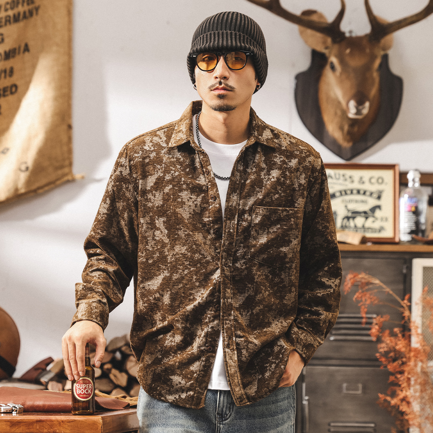 美式復古民族風提花襯衫男長袖春秋新款潮牌古着休閒襯衣寬鬆外套